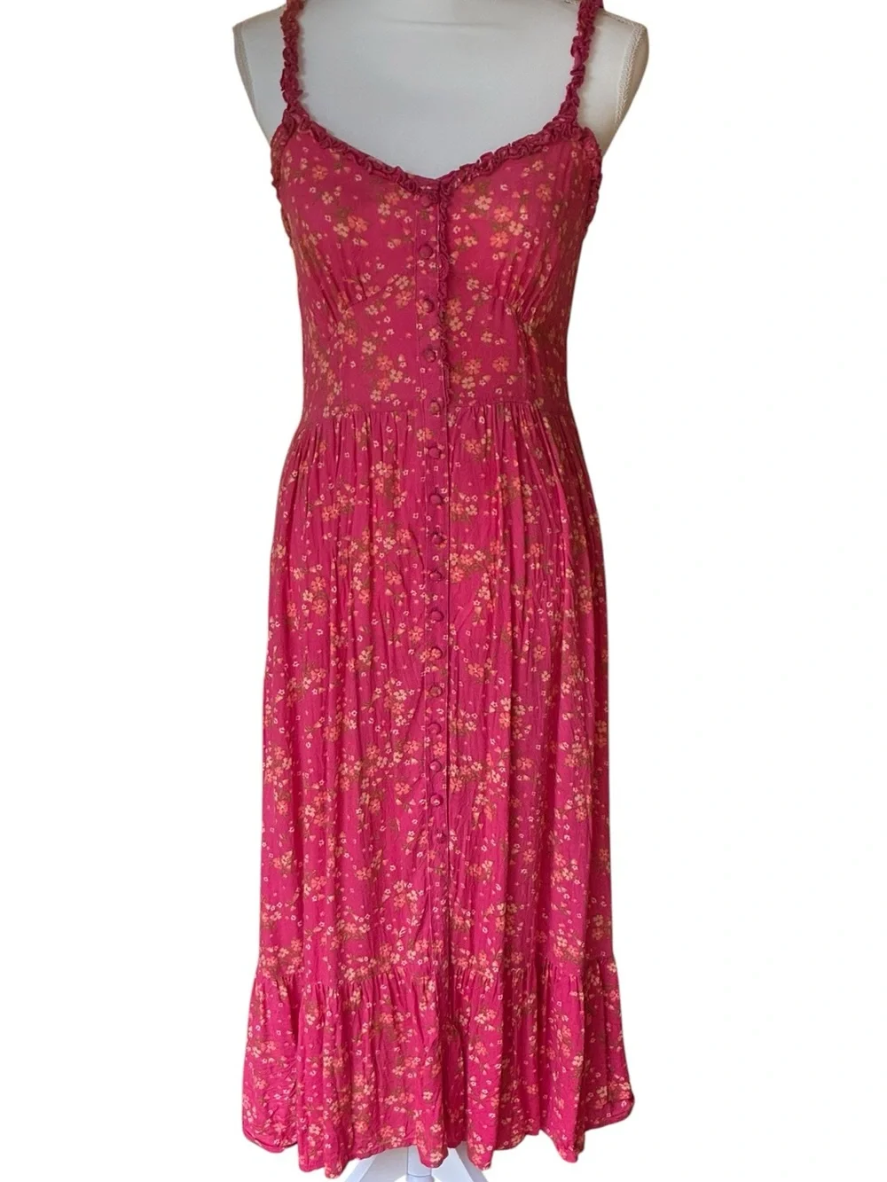 Patrons of Peace Fuchsia Pink Floral Midi Stretch Elastic Casual Flowy Dress S